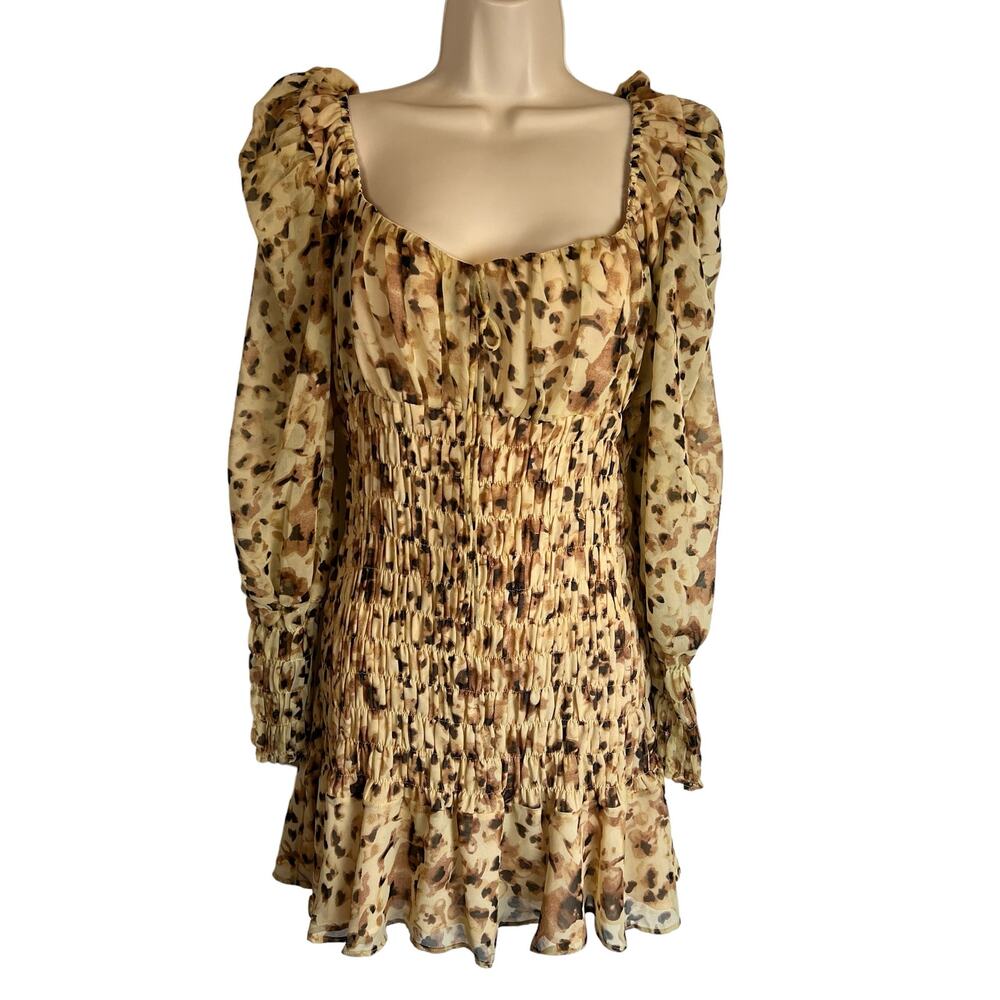 Acoa Leopard Print Mini Dress Smocked Ruffled Peasant Boho S Small